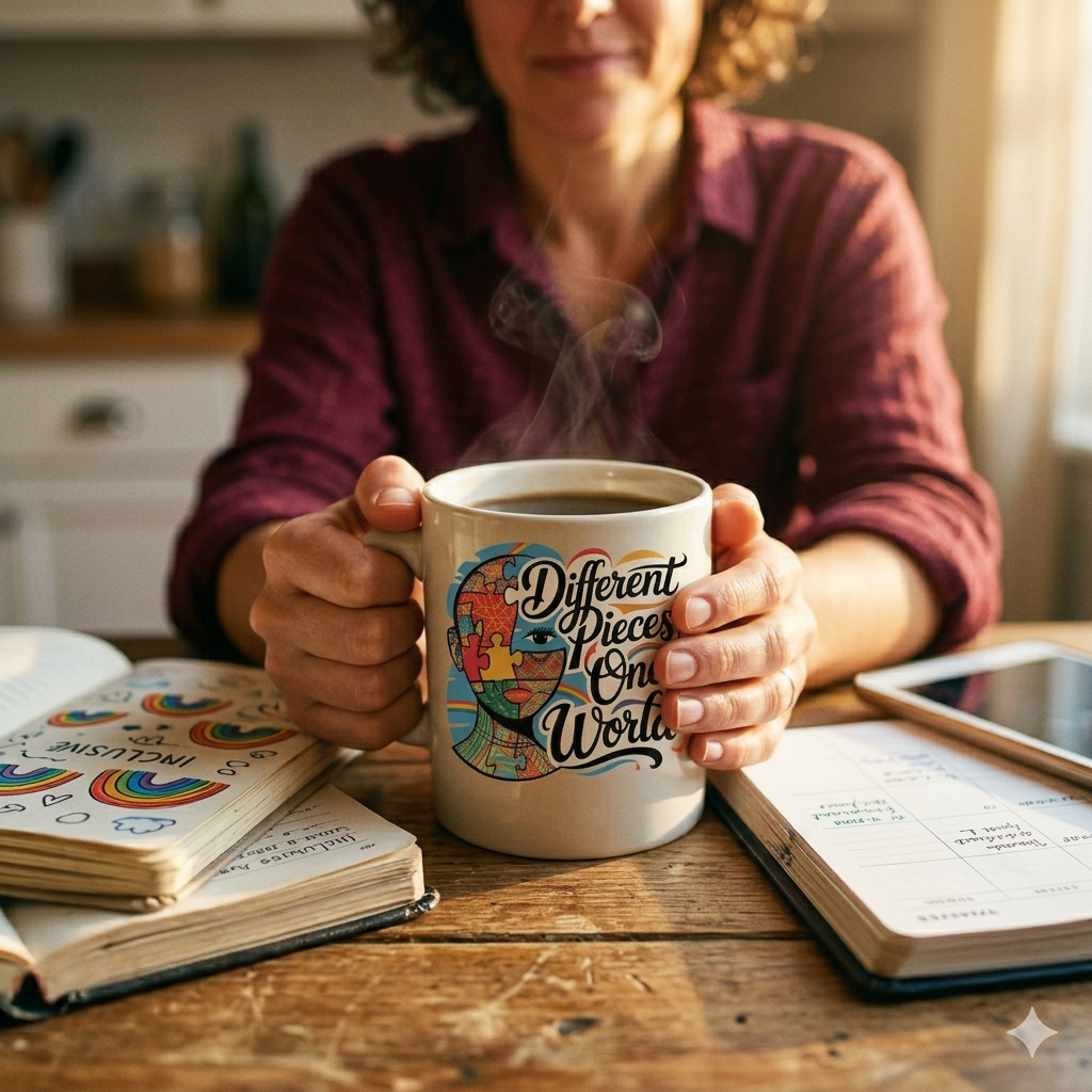 Hochwertige Keramiktasse mit buntem Puzzle-Portrait und Slogan Different Pieces One World auf einem hellen Schreibtisch