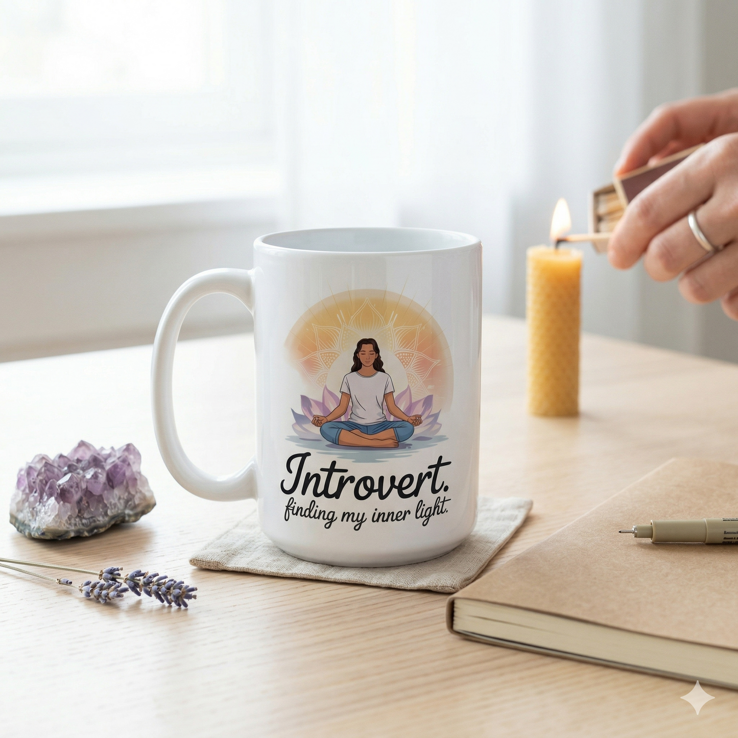 Hochwertige Keramiktasse mit strahlendem Yoga-Mandala und Text Finding My Inner Light auf einem gemütlichen Frühstückstisch.