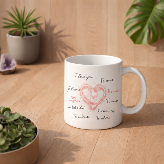 Weiße Keramiktasse mit leuchtendem Herz und „Ich liebe dich“ in mehreren Sprachen als modernes Love Design im Lifestyle Mockup