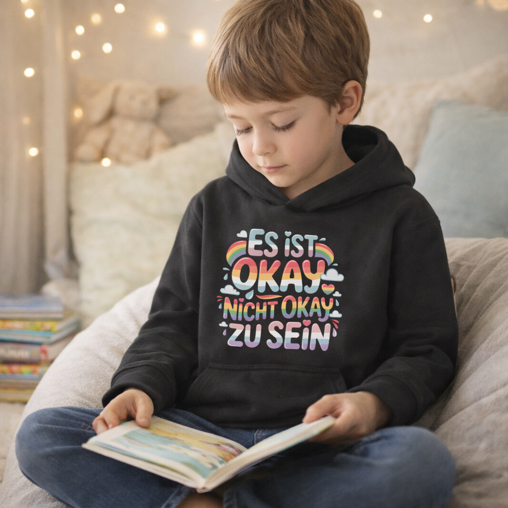 Kind im schwarzen Bio-Kinder-Hoodie mit dem Pastell-Schriftzug Es ist okay nicht okay zu sein, sitzt entspannt in einer Leseecke.
