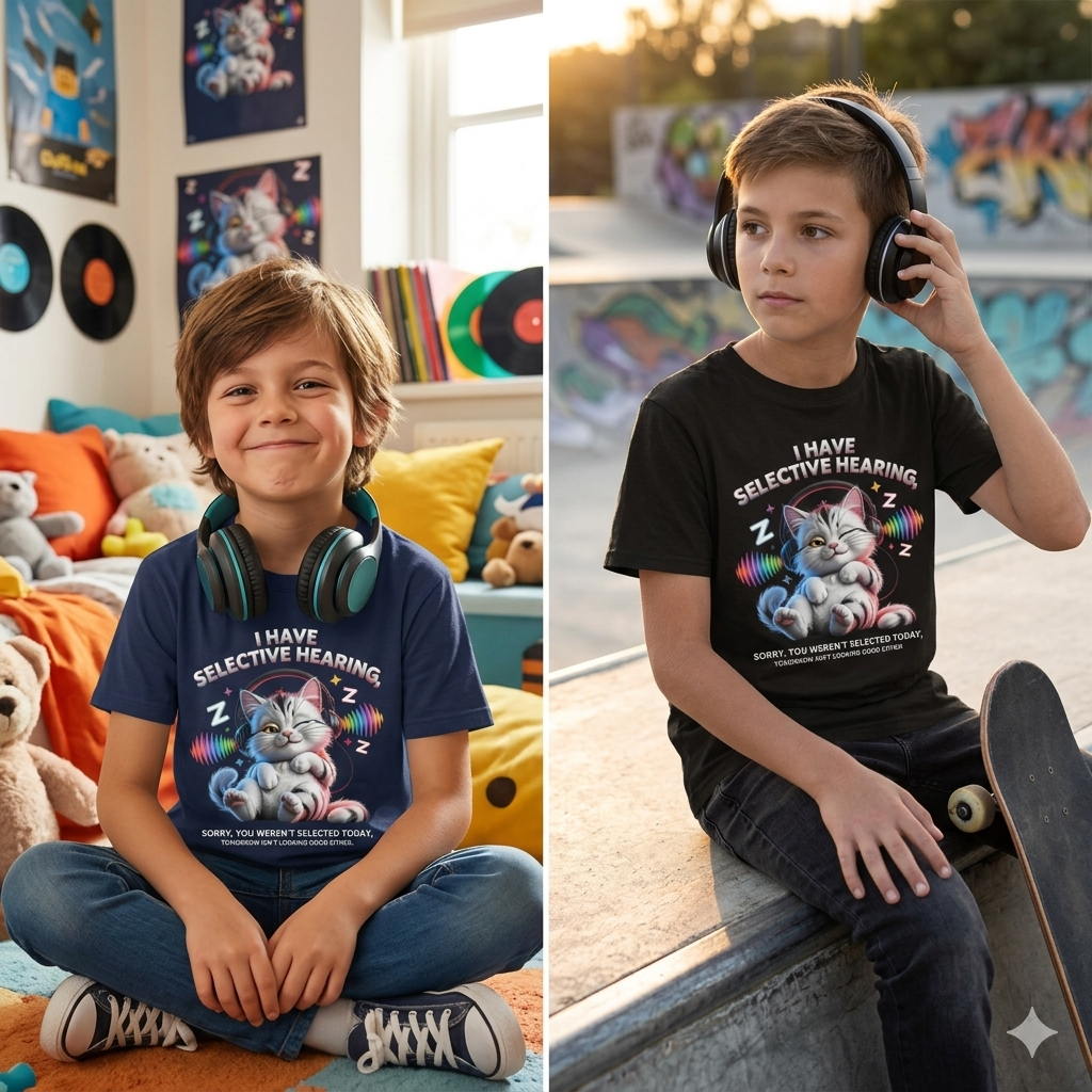 Kind im schwarzen Bright Lights Arts Bio-T-Shirt mit detailliertem „Selective Hearing“ Katzen-Frontprint.