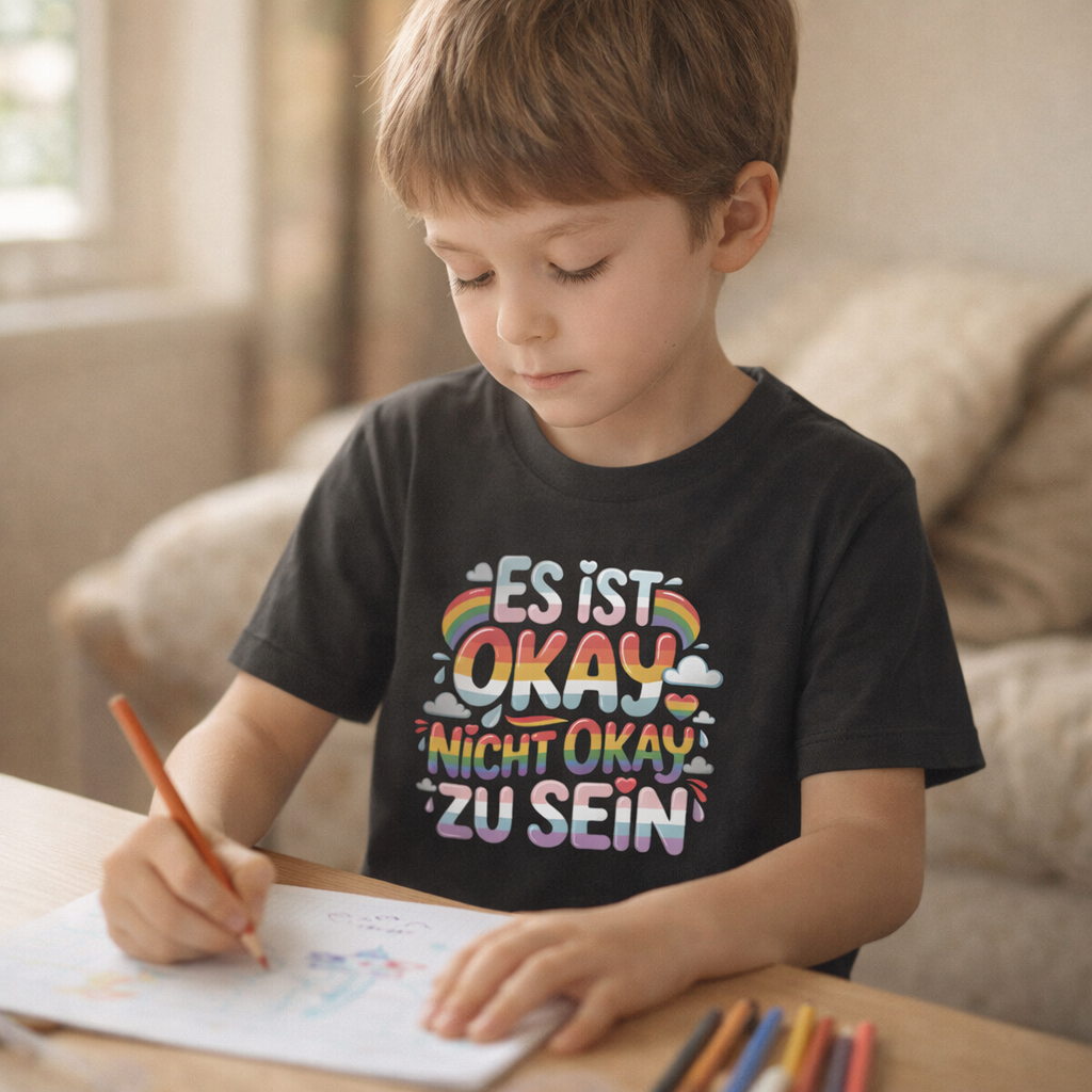 Kind im schwarzen Bio-Baumwoll-Shirt mit dem freundlichen Pastell-Schriftzug Es ist okay nicht okay zu sein.