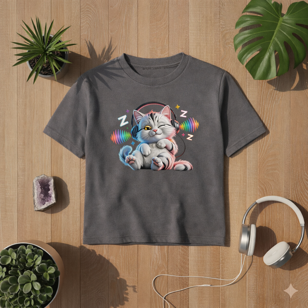 Graues kids t-shirt flat lay mockup with cute cat selective hearing design, headphones and colorful sound waves, bright lights arts style on wooden background with plants