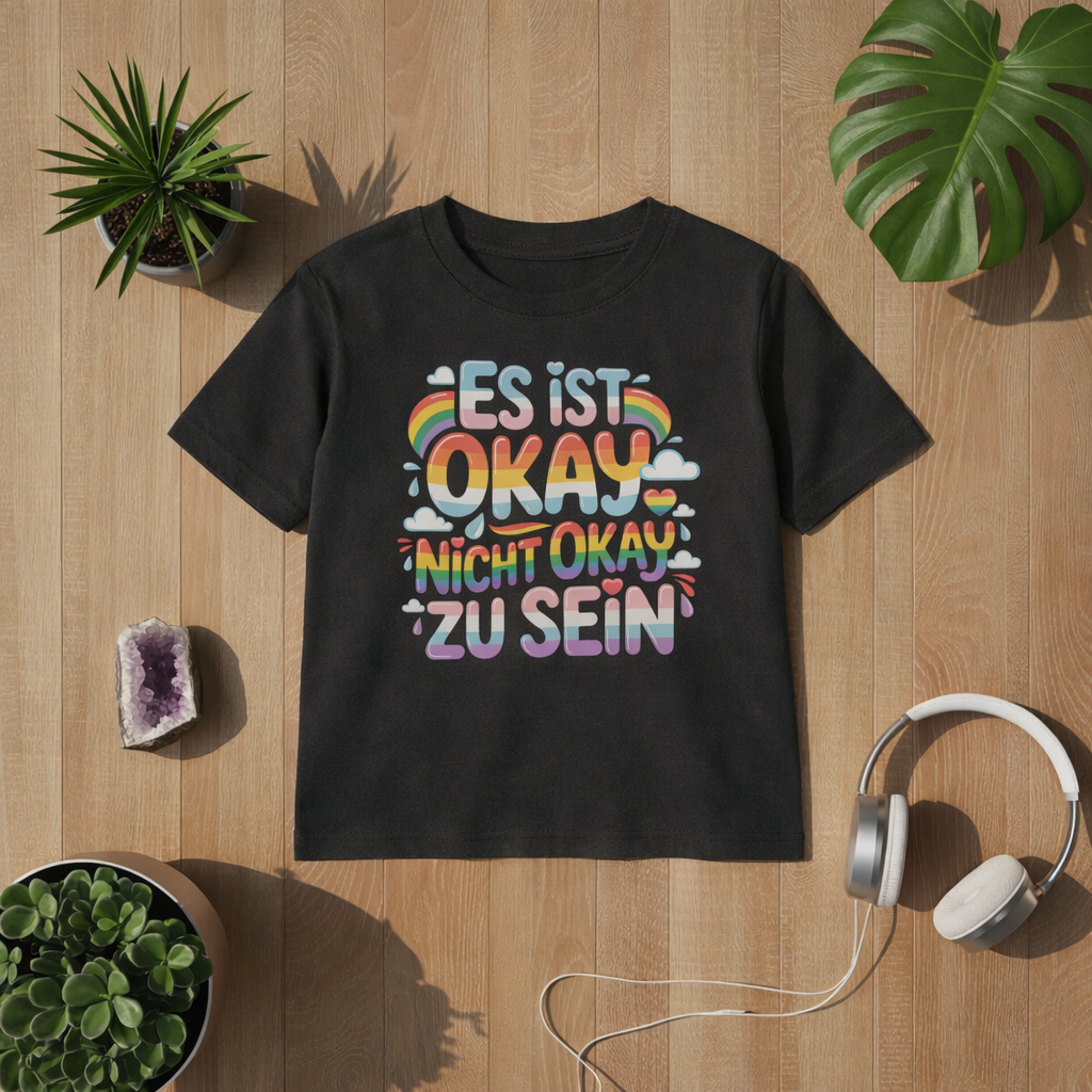 Kinder T-Shirt schwarz mit buntem Regenbogen Design „Es ist okay nicht okay zu sein“ flachliegend auf Holz Hintergrund mit Pflanzen und Kopfhörern im Bright Lights Arts Stil