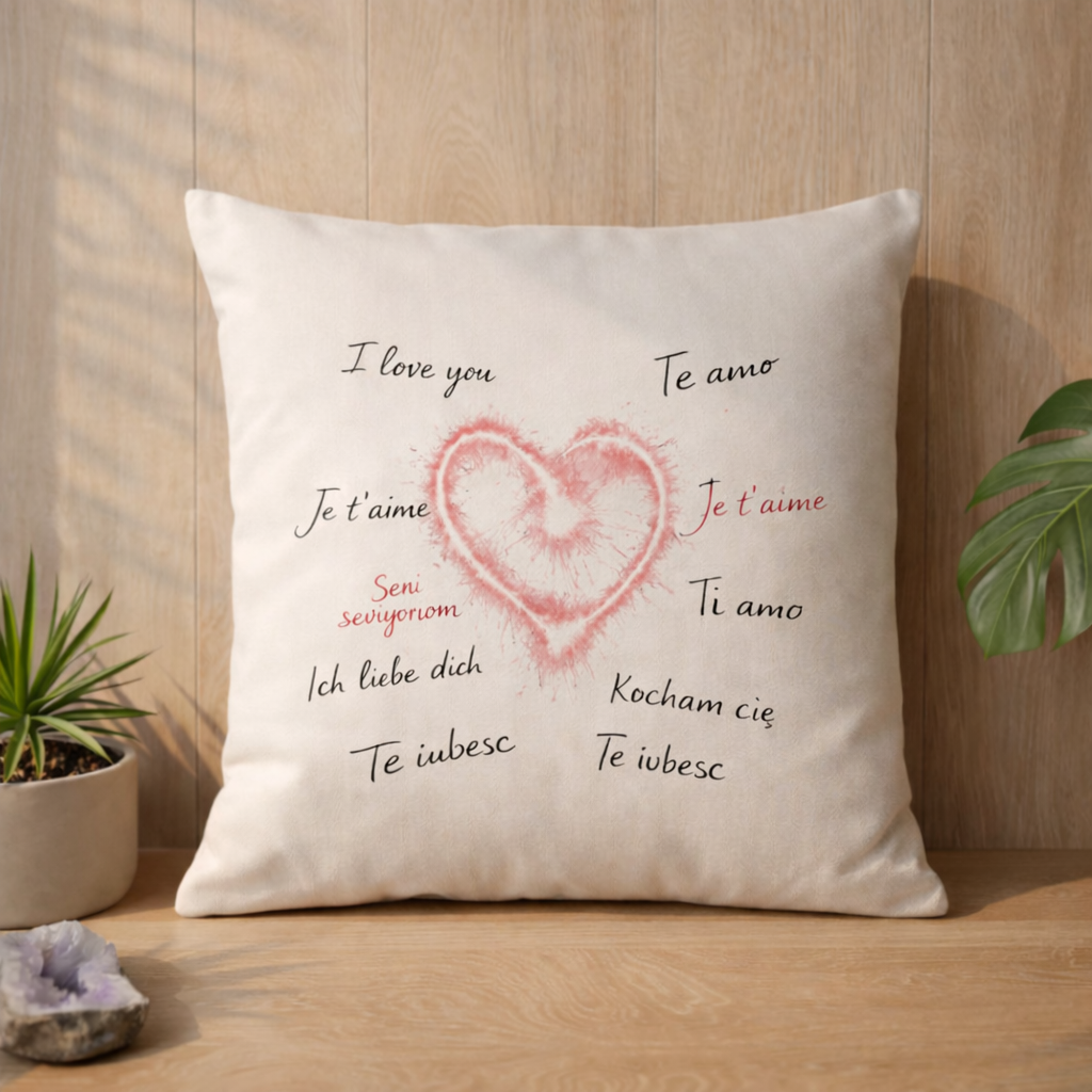 Weißes Kissen mit leuchtendem Herz Design und Love Schrift in verschiedenen Sprachen, platziert auf Holzoberfläche im warmen Bright Lights Arts Mockup mit Pflanzen und natürlichem Licht
