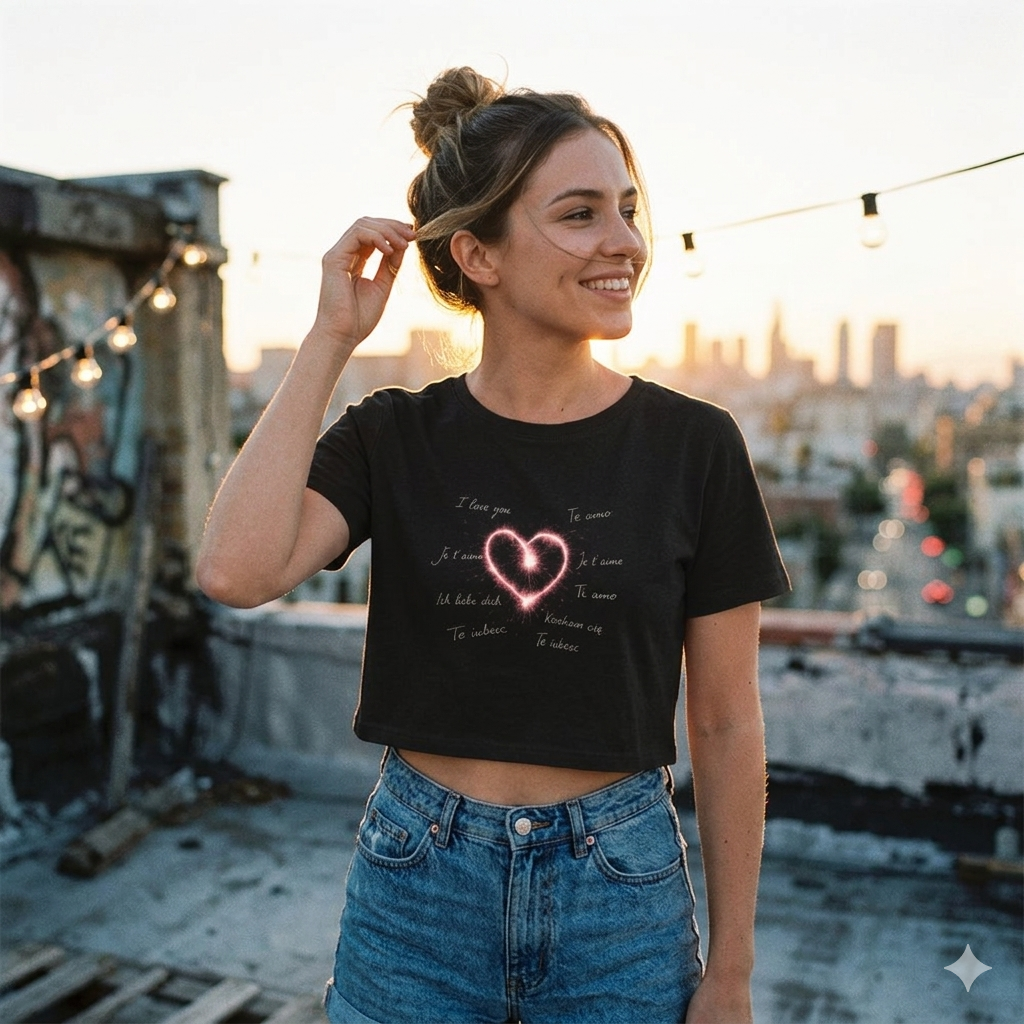 Weibliches Model im schwarzen bauchfreien Bio-Shirt mit glühendem rotem Herz und multilingualen Schriftzügen, von natürlichem Sonnenlicht beleuchtet.