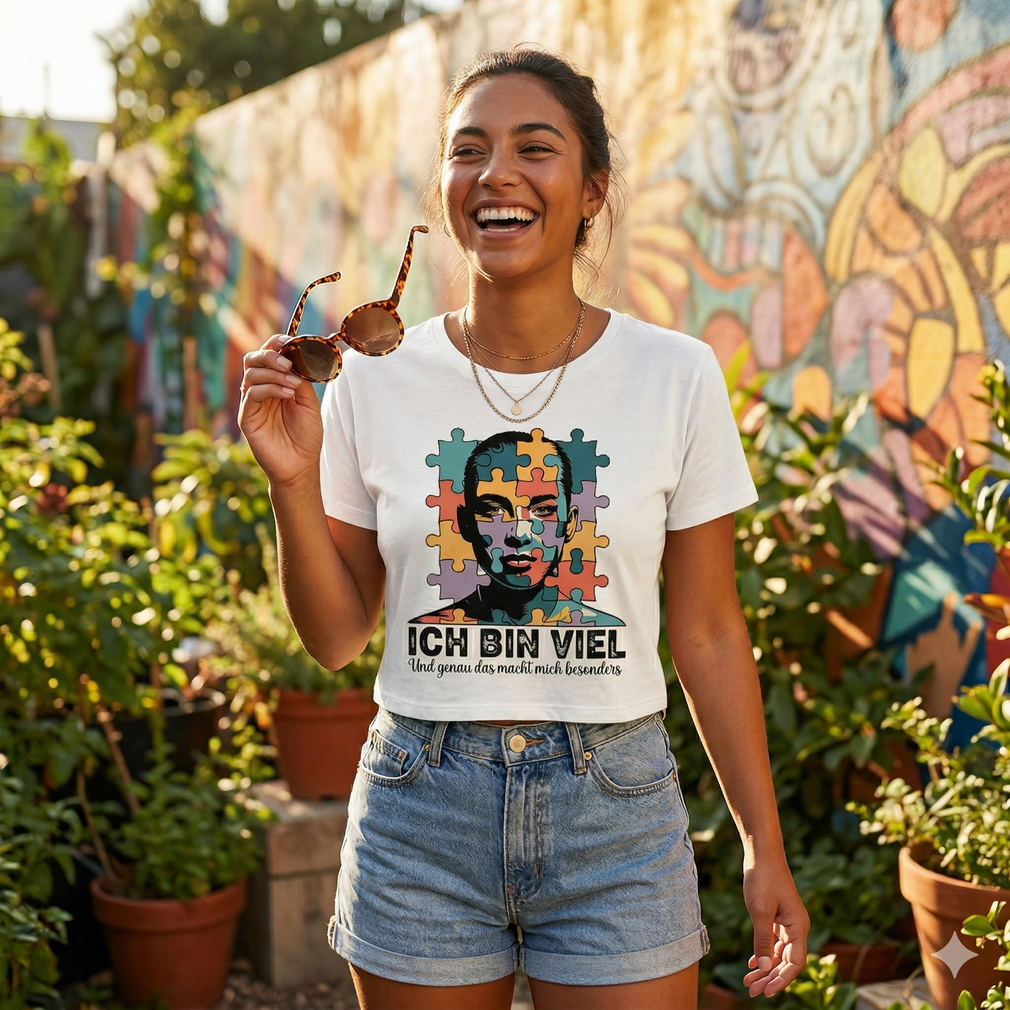 Frau im bauchfreien schwarzen Bright Lights Arts Bio-Shirt mit künstlerischem Puzzle-Gesichts-Print und Text Ich bin viel