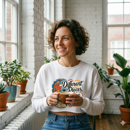 Frau im schwarzen bauchfreien Bright Lights Arts Shirt mit buntem Puzzle-Porträt und Slogan Different Pieces One World