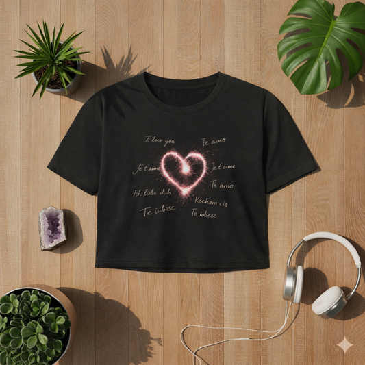 Schwarzes Ladies Cropped Tee mit leuchtendem Herz und „Ich liebe dich“ in mehreren Sprachen als modernes Love Design im Lifestyle Mockup