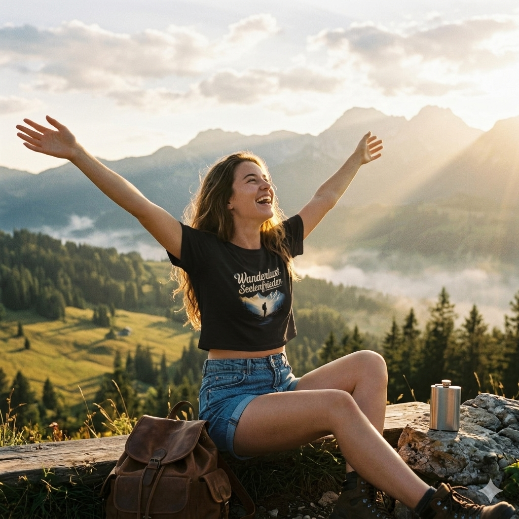 Frau im bauchfreien mokkafarbenen Bio-Shirt mit Berg-Illustration und dem Schriftzug Wanderlust Seelenfrieden.