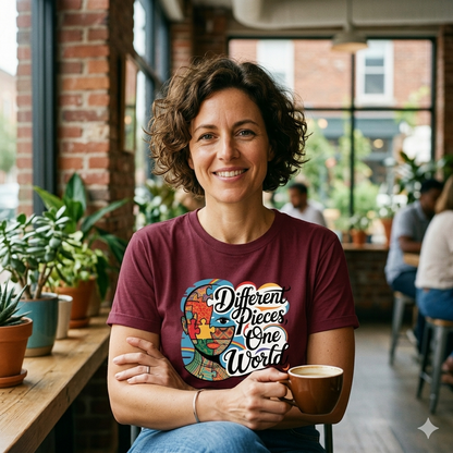 Frau im burgunderfarbenden Bright Lights Arts Damen Bio-T-Shirt mit buntem Puzzle-Portrait und Slogan Different Pieces One World