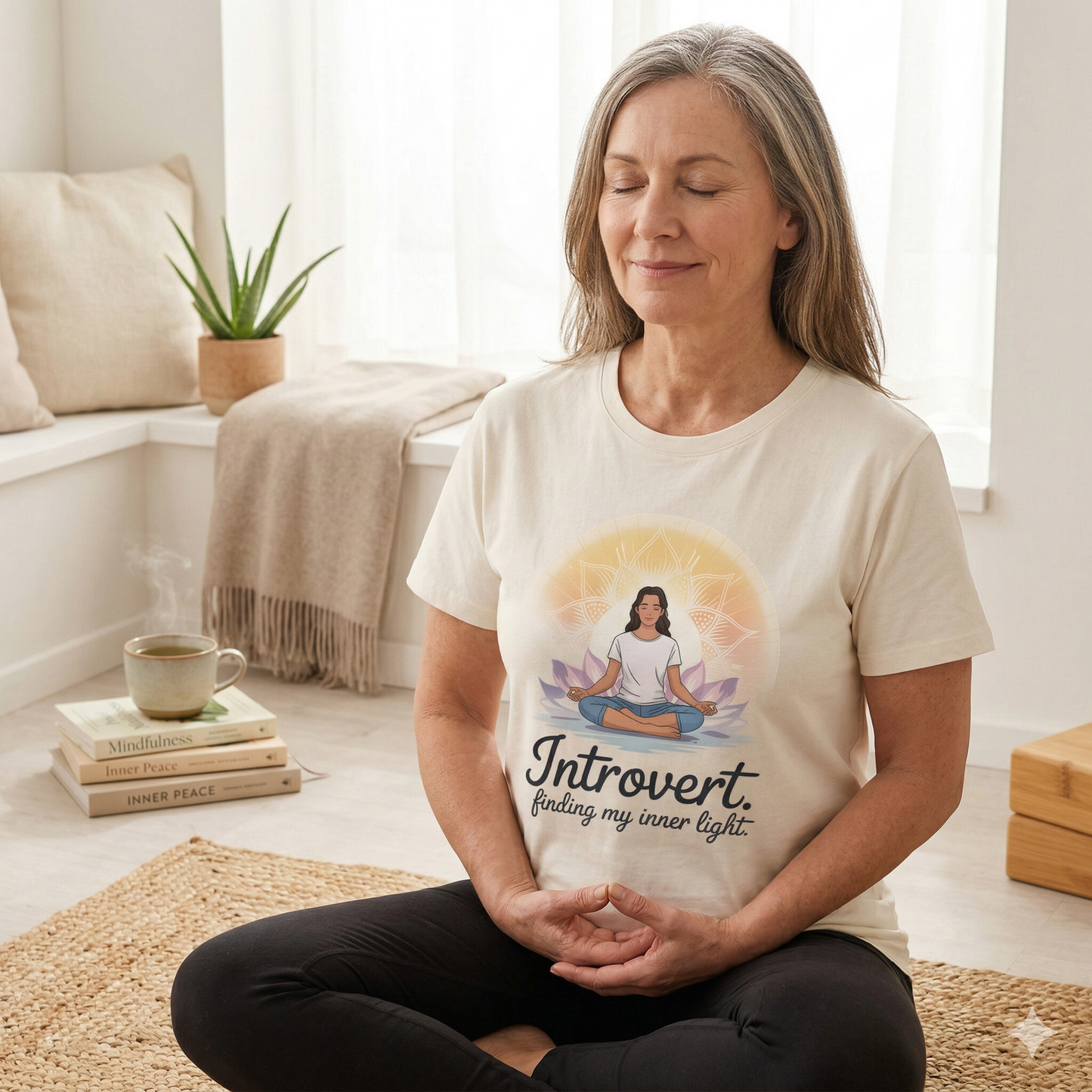 Frau im beigenn Bright Lights Arts Damen Bio-T-Shirt mit strahlendem Yoga-Mandala und Text Finding My Inner Light