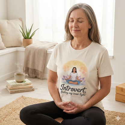 Frau im beigenn Bright Lights Arts Damen Bio-T-Shirt mit strahlendem Yoga-Mandala und Text Finding My Inner Light