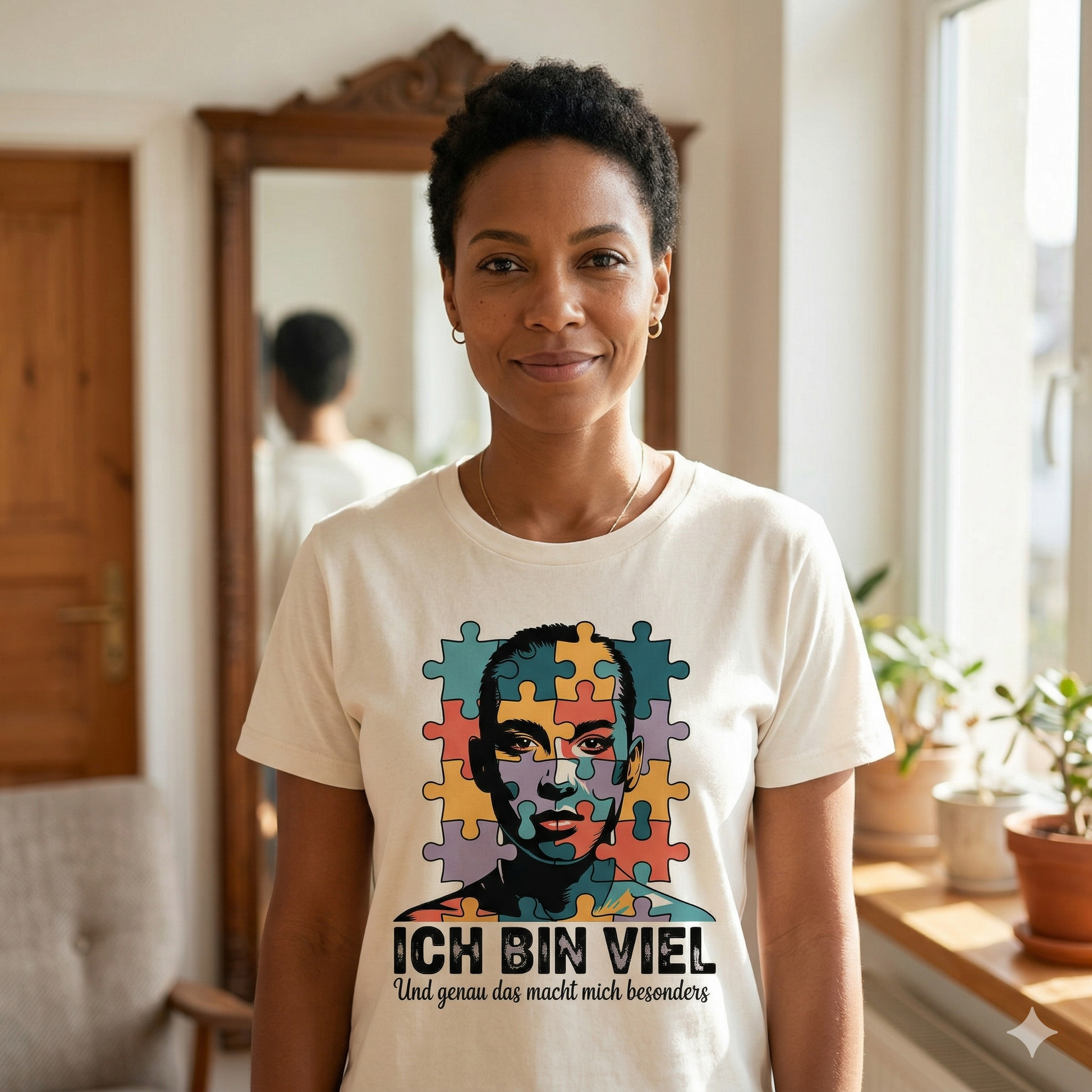 Frau im beigen Bright Lights Arts Damen Bio-T-Shirt mit künstlerischem Puzzle-Gesichts-Print und Text Ich bin viel.