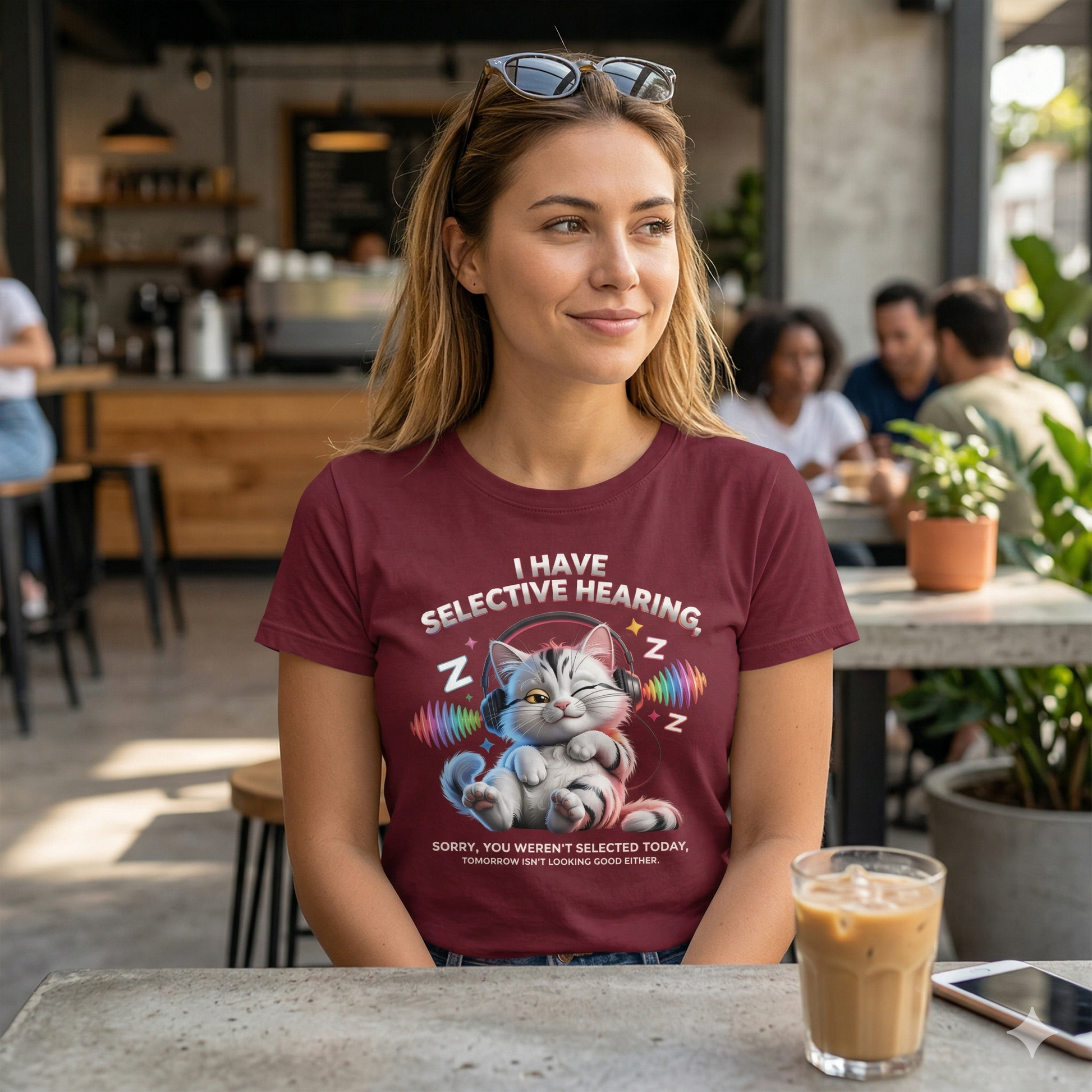 Frau im bordeauxfarbendem Bright Lights Arts Damen Bio-T-Shirt mit detailliertem „Selective Hearing“ Katzen-Frontprint