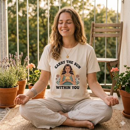 Frau im cremefarbenen Damen Bio-Shirt mit der Line-Art Illustration einer Frau und einer Sonne im Herzen.
