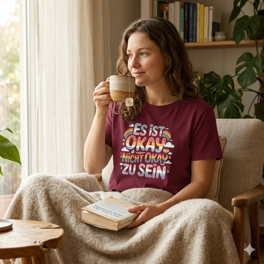 Frau im burgunderfarbenden Damen Bio-T-Shirt mit dem Pastell-Schriftzug Es ist okay nicht okay zu sein.