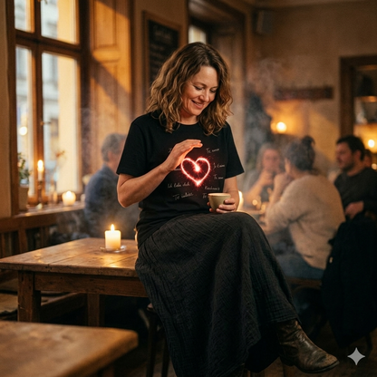 Frau im schwarzen Damen Bio-Shirt mit einem glühenden roten Herz und den Schriftzügen "Ich liebe dich" in verschiedenen Sprachen.
