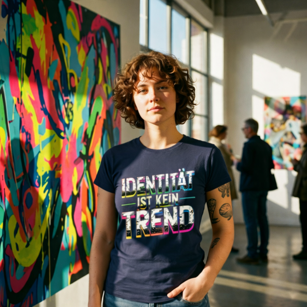 Frau im schwarzen Damen Bio-Shirt mit dem bunten Neon-Distressed-Schriftzug Identität ist kein Trend.