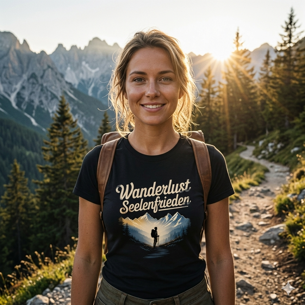 Wanderin in schwarzem T-Shirt mit 'Wanderlust Seelenfrieden' Grafik genießt Sonnenaufgang im Schwarzwald.