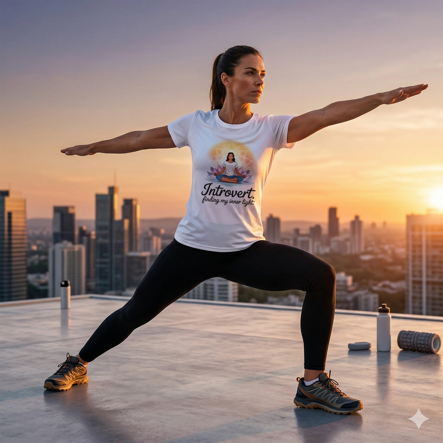 Frau im schwarzen Bright Lights Arts Sport-T-Shirt mit strahlendem Yoga-Mandala während des Workouts.
