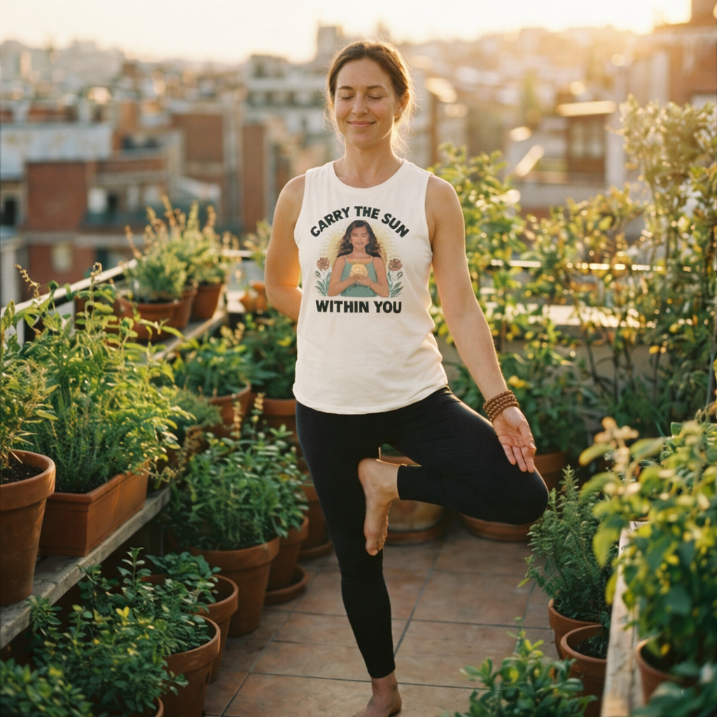 Frau im naturfarbenen Damen Bio-Tanktop mit der Line-Art Illustration einer Frau und einer Sonne im Herzen