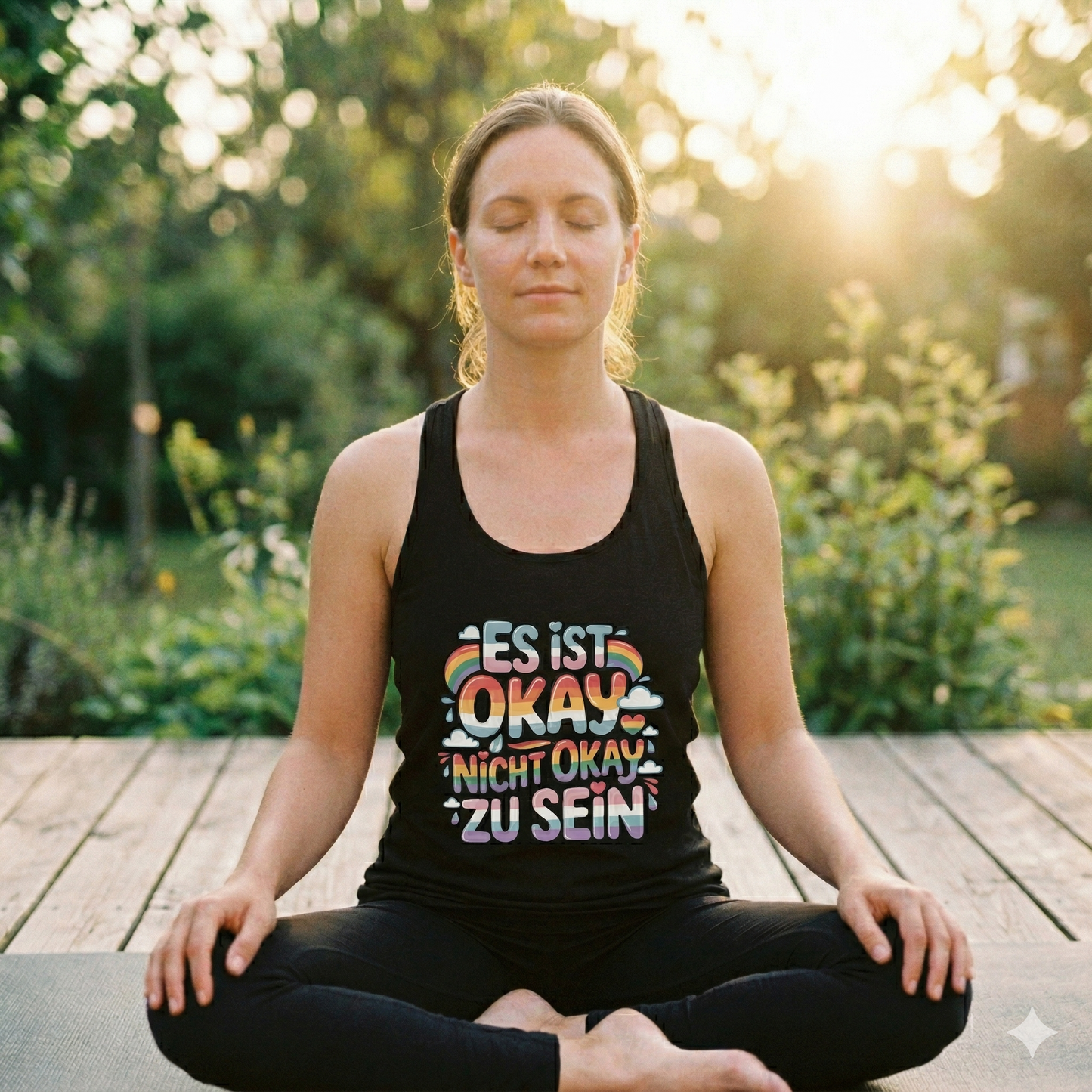 Frau im schwarzen Damen Bio-Tanktop mit dem Pastell-Schriftzug Es ist okay nicht okay zu sein.