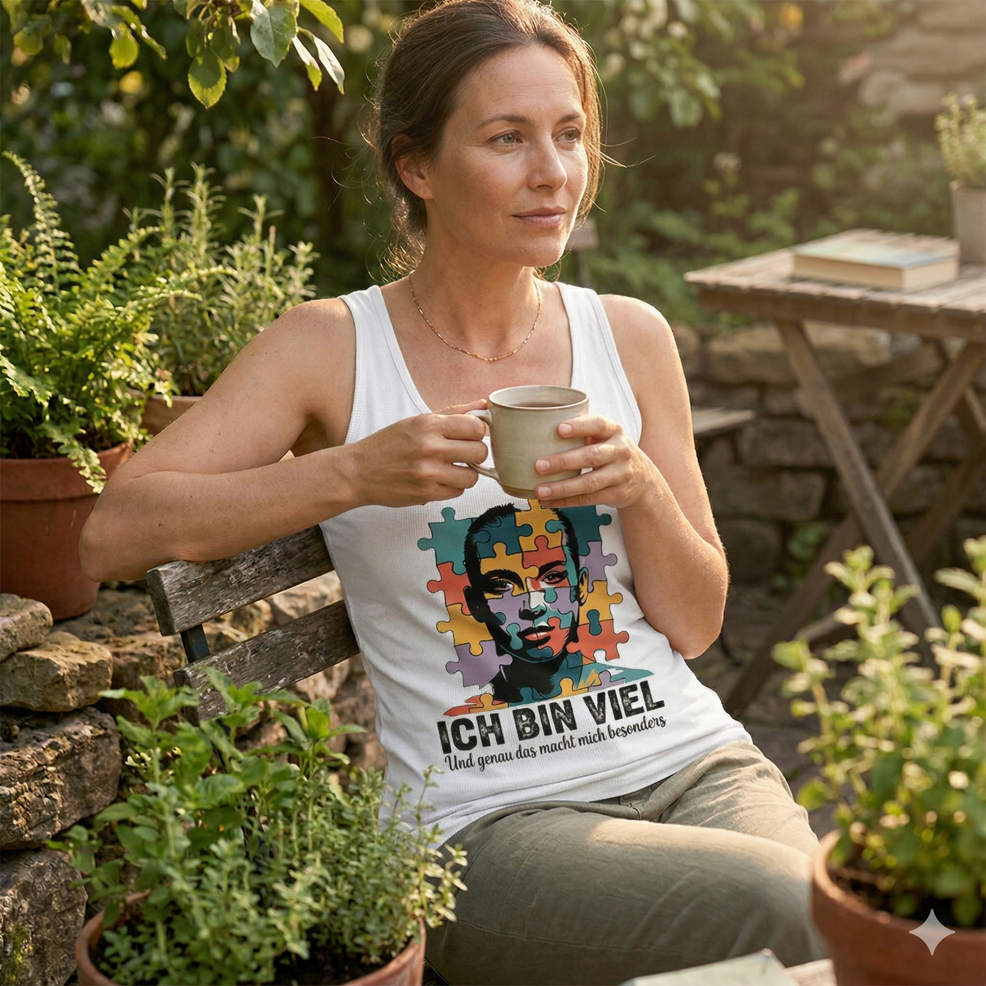 Frau im schwarzen Bright Lights Arts Damen Bio-Tanktop mit künstlerischem Puzzle-Profil und Text Ich bin viel.