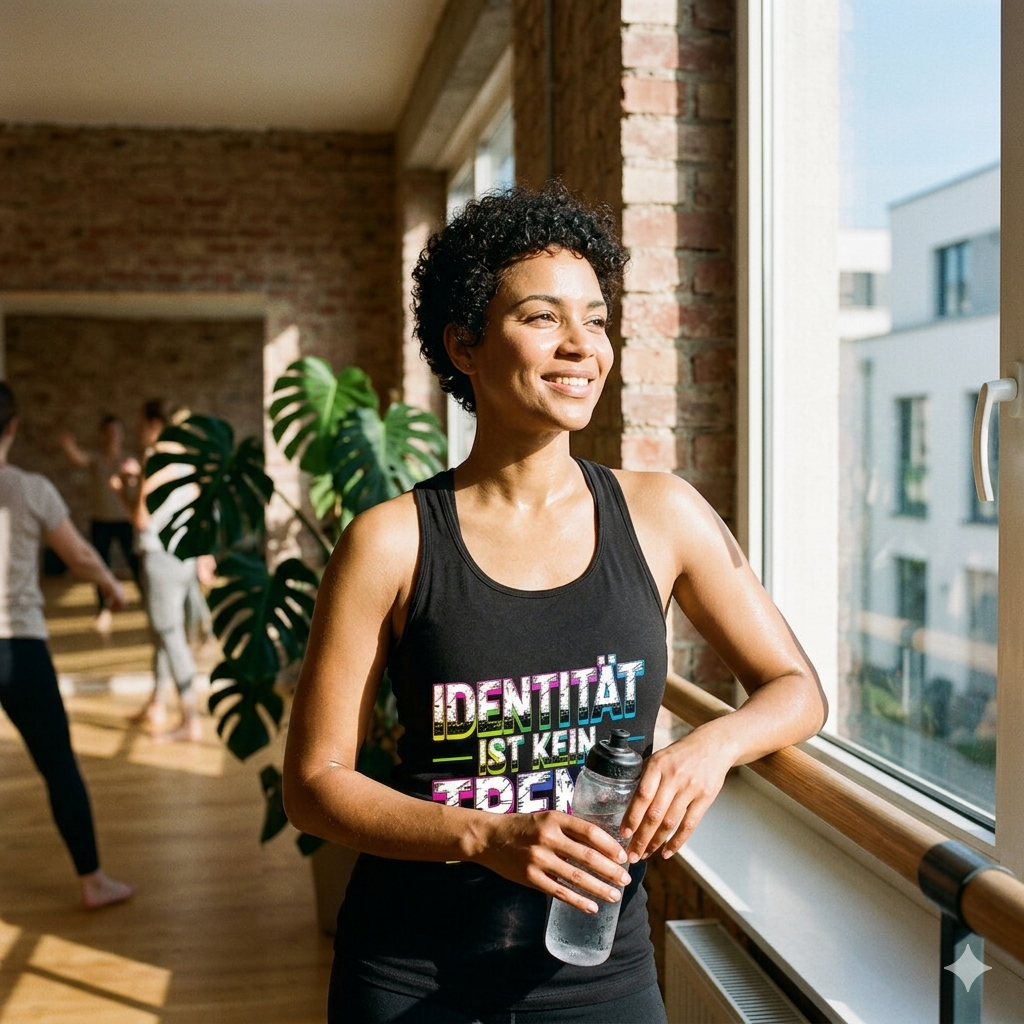 Frau im schwarzen Damen Bio-Tanktop mit dem bunten Neon-Distressed-Schriftzug Identität ist kein Trend.