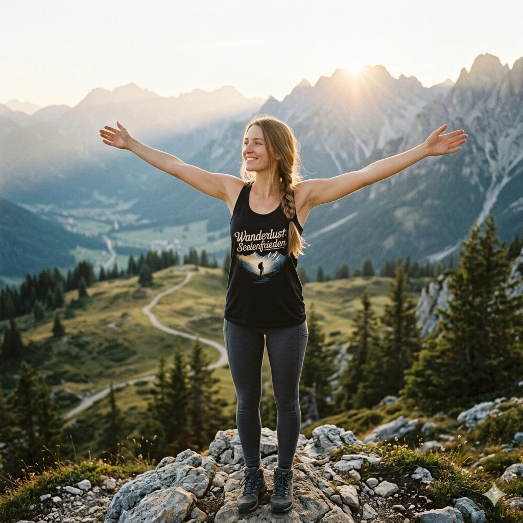 Frau im schwarzen Damen Bio-Tanktop mit Berg-Illustration und dem Schriftzug Wanderlust Seelenfrieden vor Panorama