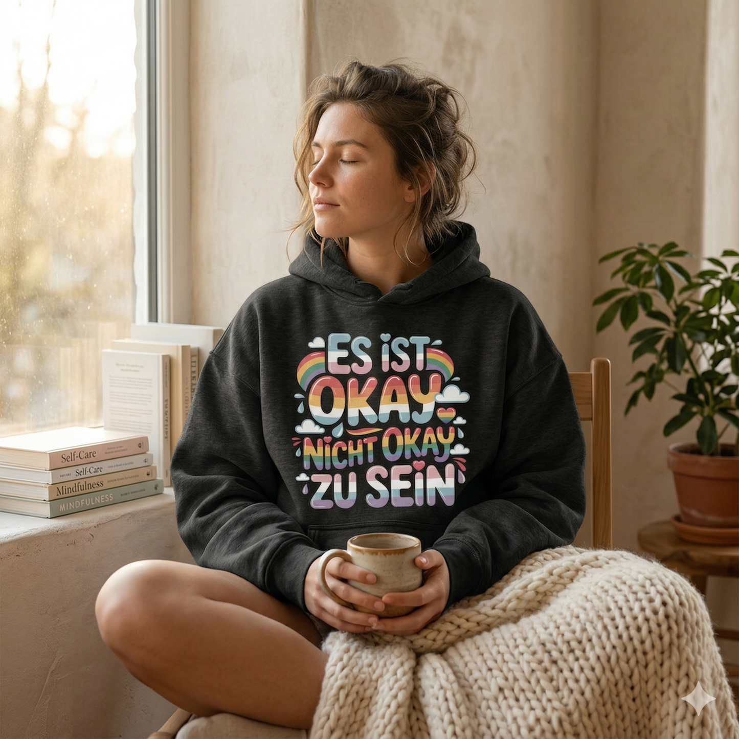 Person im oversized Bright Lights Arts Bio-Hoodie mit dem Pastell-Schriftzug Es ist okay nicht okay zu sein.