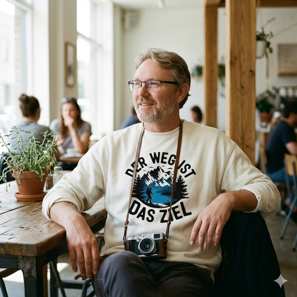 Mann im beigen Bright Lights Arts Bio-Sweatshirt mit Berg-Motiv und Aufschrift Der Weg ist das Zie