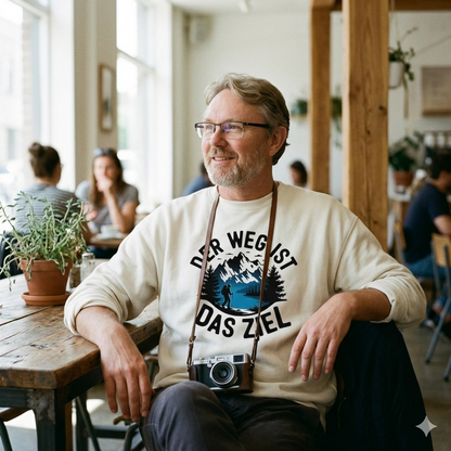 Mann im beigen Bright Lights Arts Bio-Sweatshirt mit Berg-Motiv und Aufschrift Der Weg ist das Zie