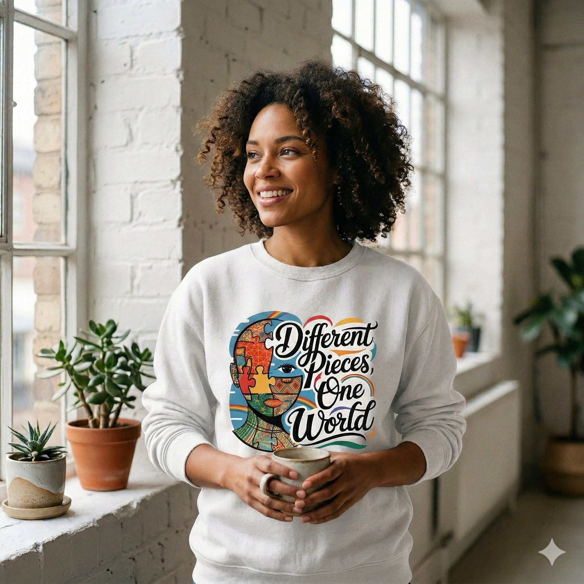 Frau im schwarzen Bright Lights Arts Bio-Sweatshirt mit buntem Puzzle-Portrait und Slogan Different Pieces One World