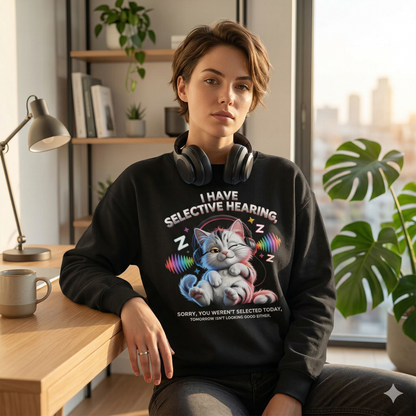 Frau im schwarzen Bright Lights Arts Bio-Sweatshirt mit detailliertem „Selective Hearing“ Katzen-Frontprint