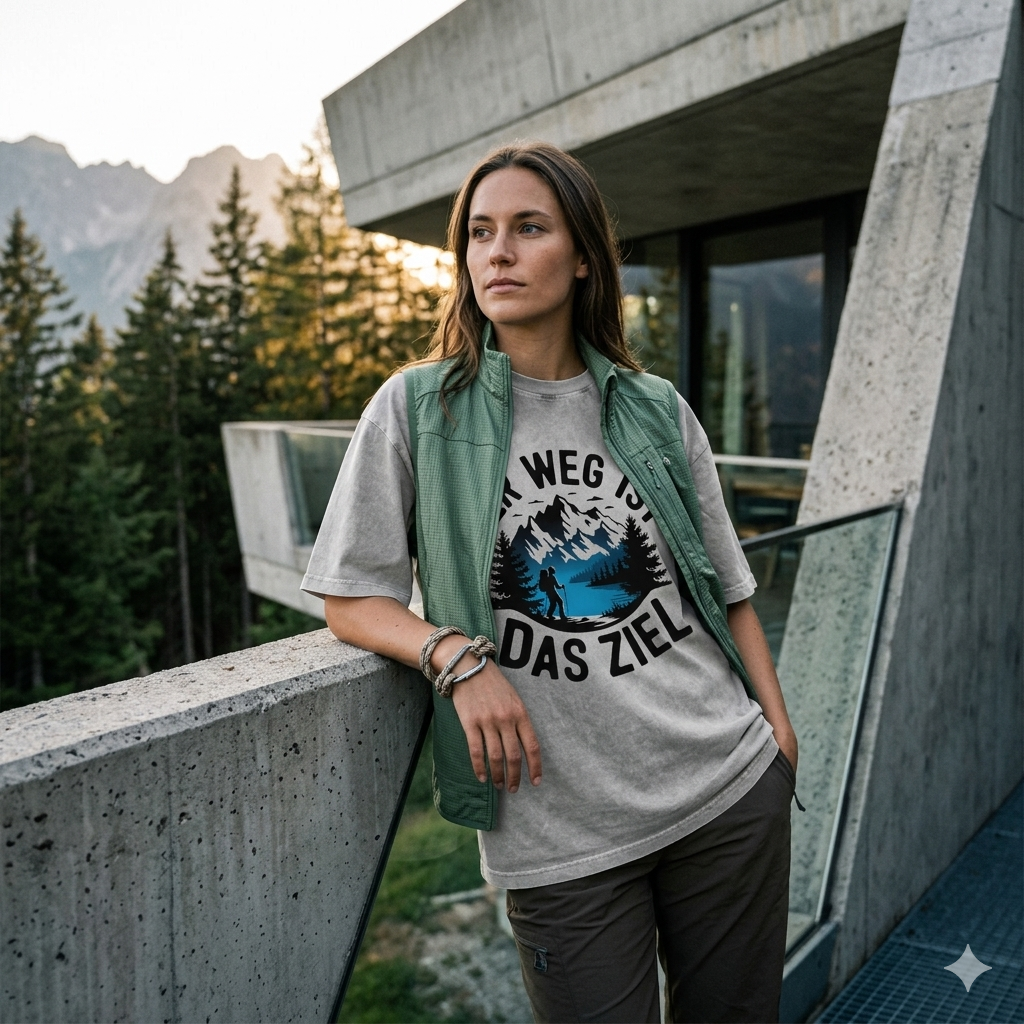 Lässige Frau im hellen Bright Lights Arts Oversized Shirt aus schwerer Baumwolle mit Berg-Motiv und Aufschrift Der Weg ist das Ziel.