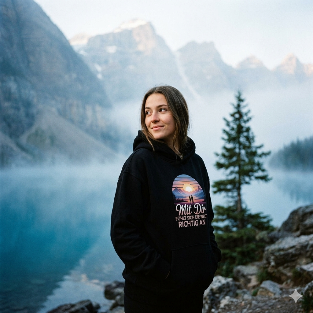 Frau im ultra-schweren schwarzen Bright Lights Arts Oversized Hoodie mit cineastischem Bergsee-Print.
