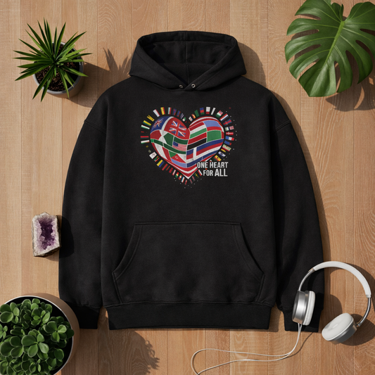 Black oversized hoodie with One Heart For All world flags design displayed in bright minimalist wooden lifestyle mockup with plants and headphones, 1:1 format