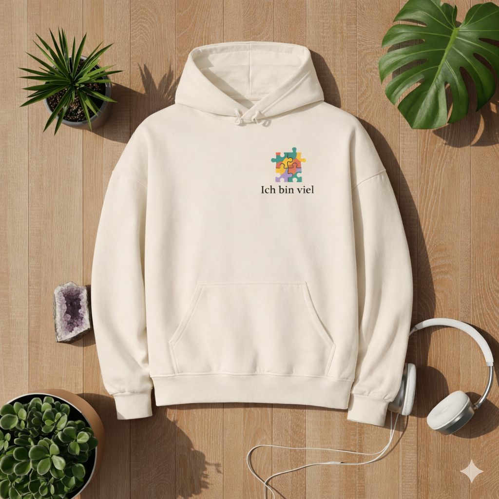 Oversized cremefarbener Bright Lights Arts Hoodie mit buntem Puzzle Motiv und Schriftzug „Ich bin viel“ als Flatlay auf hellem Holzboden mit Pflanzen und Kopfhörern – modernes Lifestyle Mockup