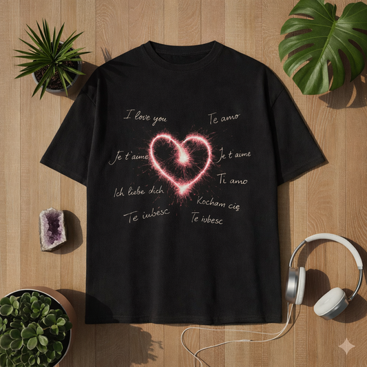 Schwarzes Oversized T-Shirt mit leuchtendem Herz Design und „I love you“ in verschiedenen Sprachen im Bright Lights Arts Lifestyle Mockup auf Holz Hintergrund mit Pflanzen und Kopfhörern