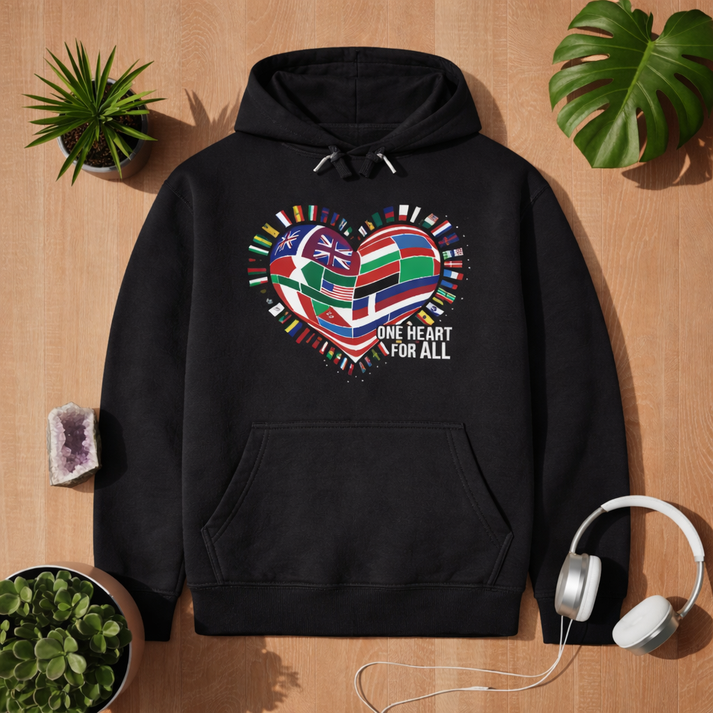 Schwarzer Premium Hoodie mit One Heart for All Weltflaggen Herz Design auf Holz Hintergrund mit Pflanzen und Kopfhörern – Bright Lights Arts Mockup
