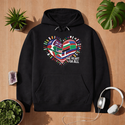 Schwarzer Premium Hoodie mit One Heart for All Weltflaggen Herz Design auf Holz Hintergrund mit Pflanzen und Kopfhörern – Bright Lights Arts Mockup