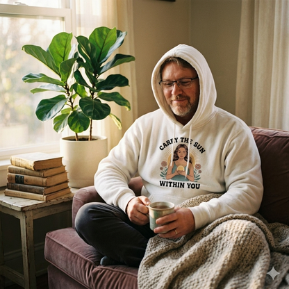 Person im naturfarbenen 280 GSM Bio-Hoodie mit der Line-Art Illustration einer Frau und einer Sonne im Herzen.