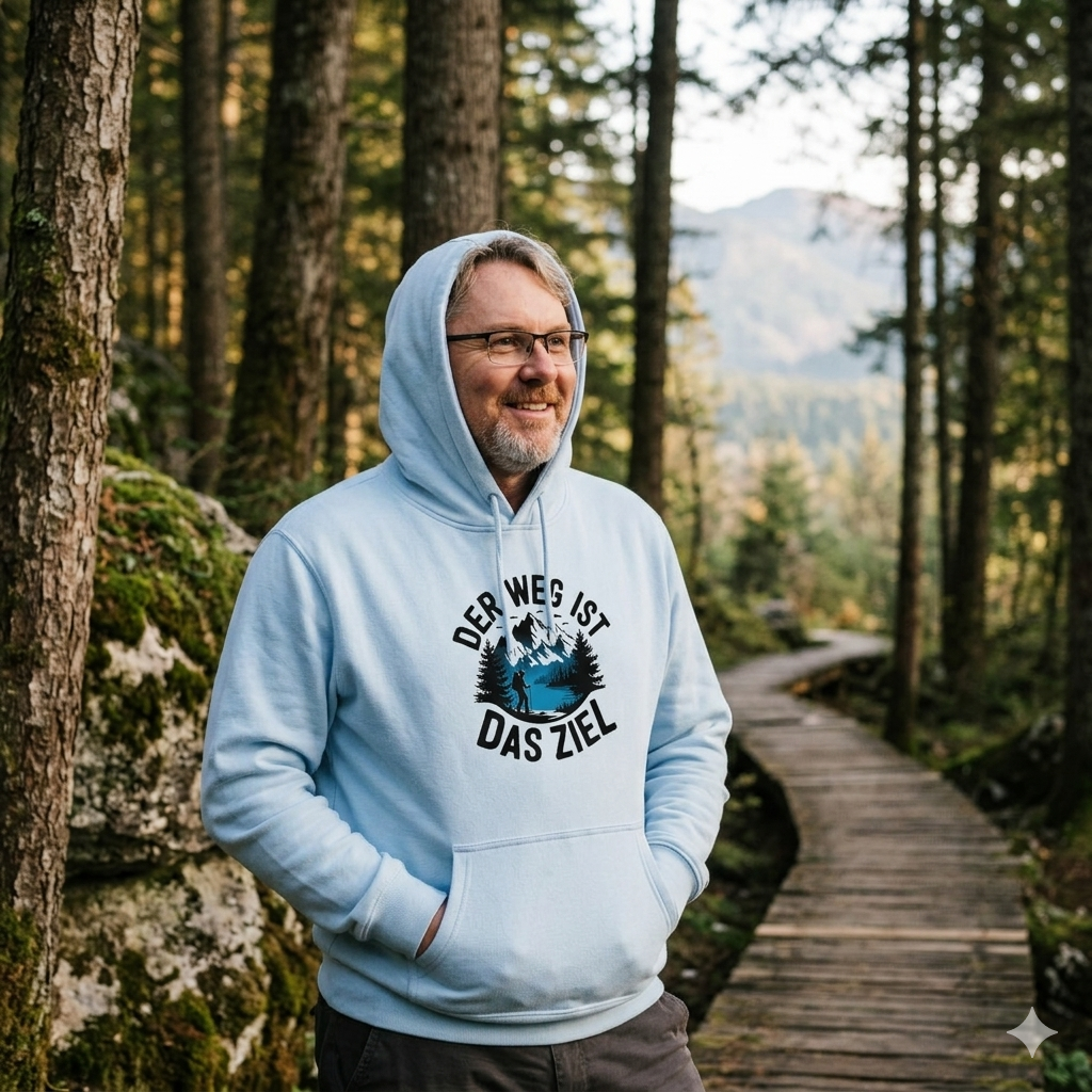 Mann im kuscheligen schwarzen Bright Lights Arts Hoodie mit Berg-Print und Aufschrift Der Weg ist das Ziel im Wald