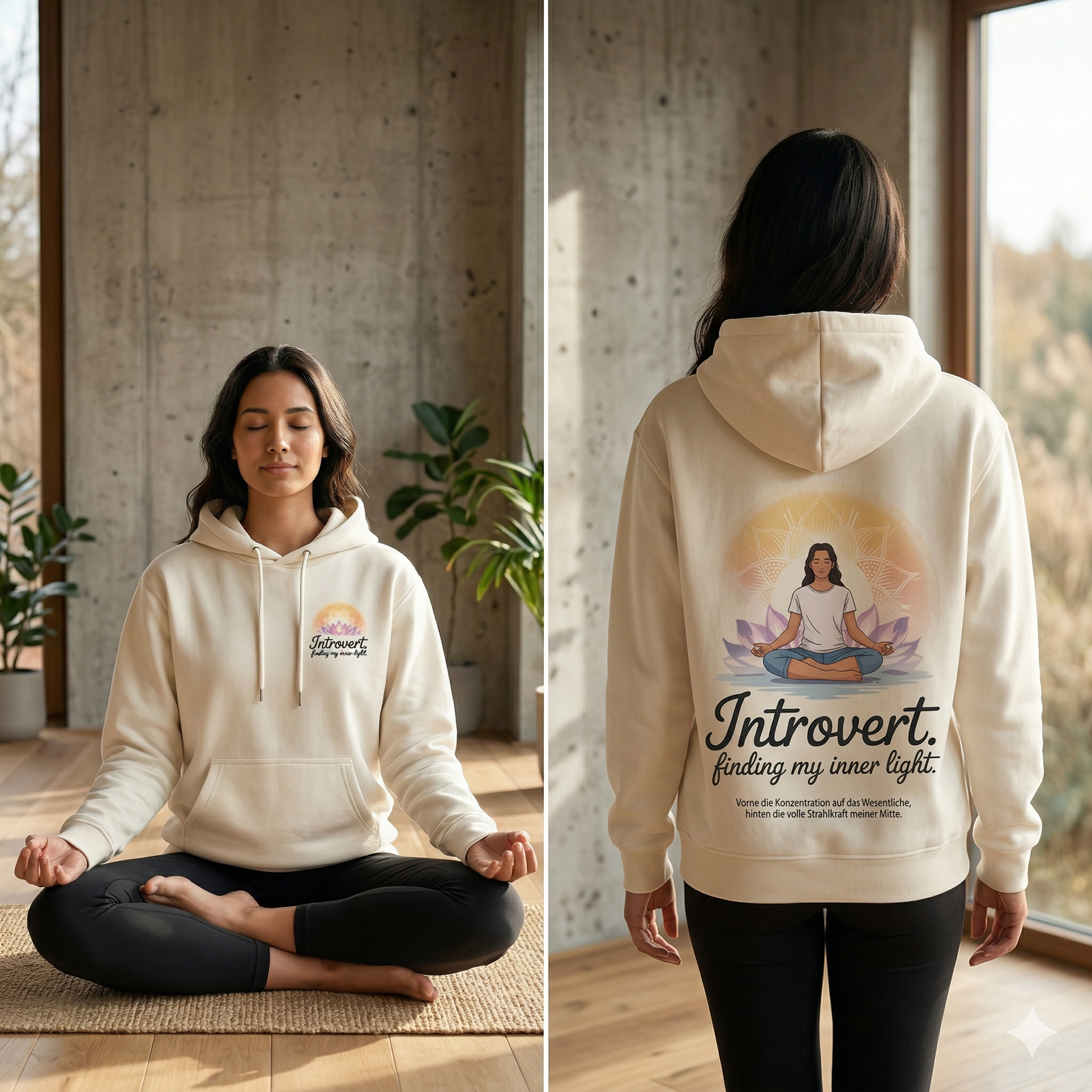 Beiges Bright Lights Arts Bio-Hoodie mit Mandala-Schrift-Logo auf der Brust und großem Meditations-Design auf dem Rücken. mit Model