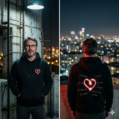 280 GSM Bio-Hoodie in Schwarz mit kleinem leuchtendem Herz auf der Brust und großem multilingualen Herz-Design auf dem Rücken.