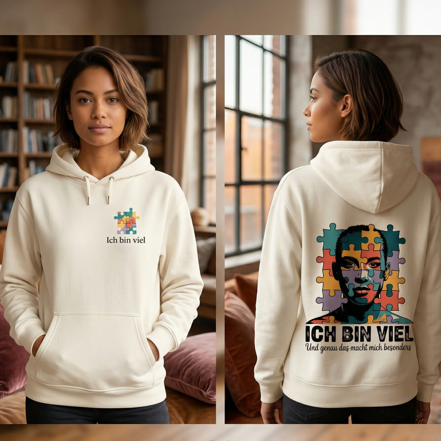 Beiger Bright Lights Arts Bio-Hoodie mit Puzzle-Logo auf der Brust und großem künstlerischem Rückendruck Ich bin viel
