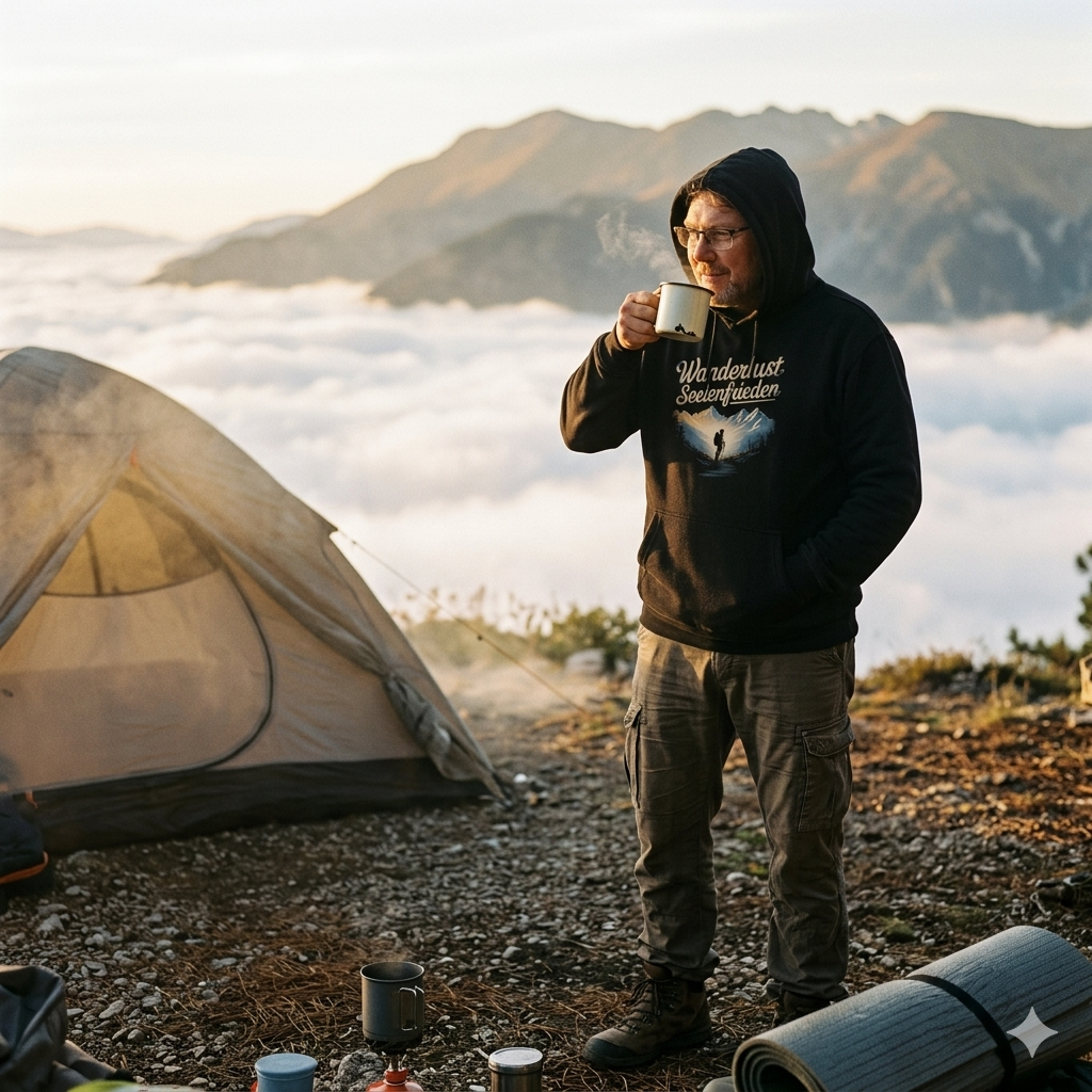 Person im mokkafarbenen 280 GSM Bio-Hoodie mit Berg-Illustration und dem Schriftzug Wanderlust Seelenfrieden vor einem Zelt.