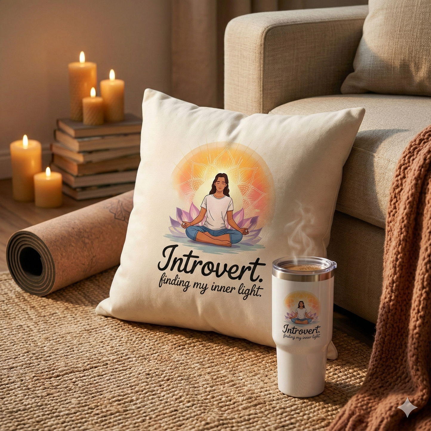 Hochwertiges Dekokissen mit strahlendem Yoga-Mandala und Text Finding My Inner Light in einer gemütlichen Wohnecke.