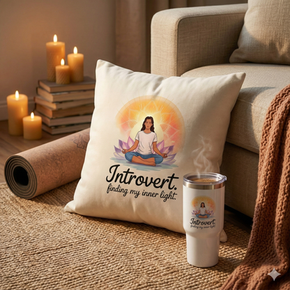 Hochwertiges Dekokissen mit strahlendem Yoga-Mandala und Text Finding My Inner Light in einer gemütlichen Wohnecke.